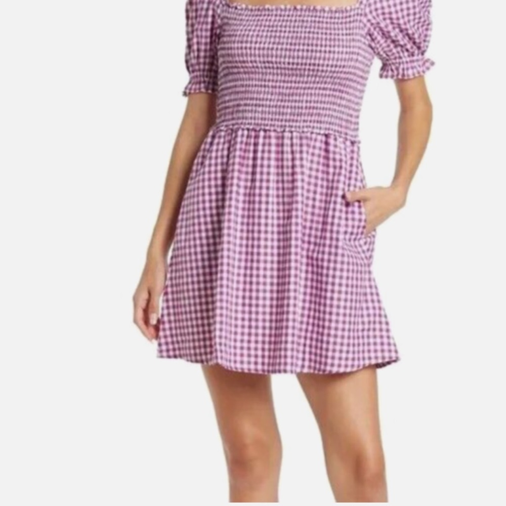 French Connection Purple Gingham Smocked Dress
